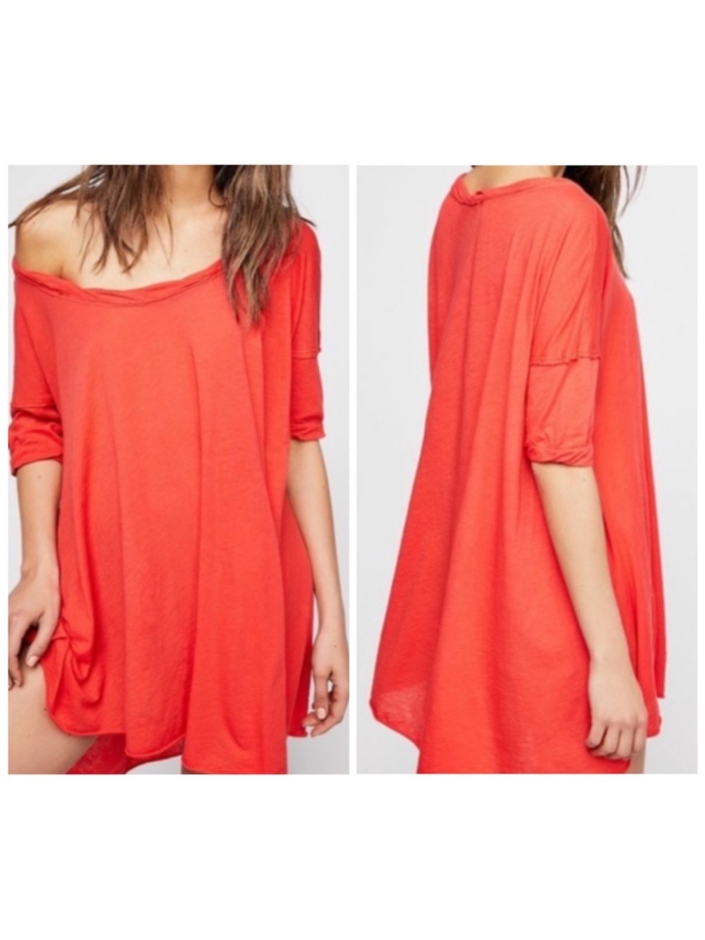Free People Beach Red Asymmetrical Raw Hem Oversized Tee NWT XS